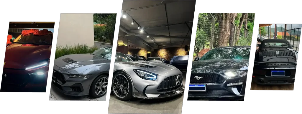 Colagem com carros esportivos de luxo em diferentes ângulos, seguro auto personalizado